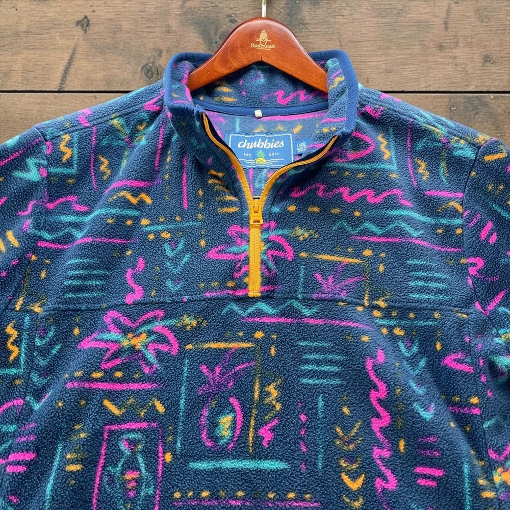 Chubbies Mens L Quarter Zip Fleece Pullover Navy Neon Tropical Pineapple Print